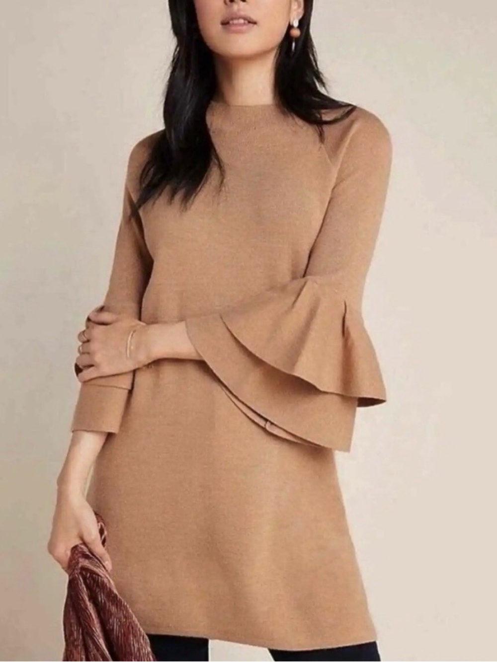 by Anthropologie Claudette Tan Metallic Bell Sleeve Sweater Dress Womens XL